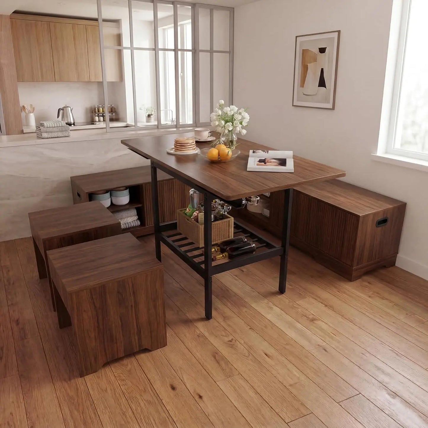 GUOHE Extendable Breakfast Nook Set With Storage Benches And Stools