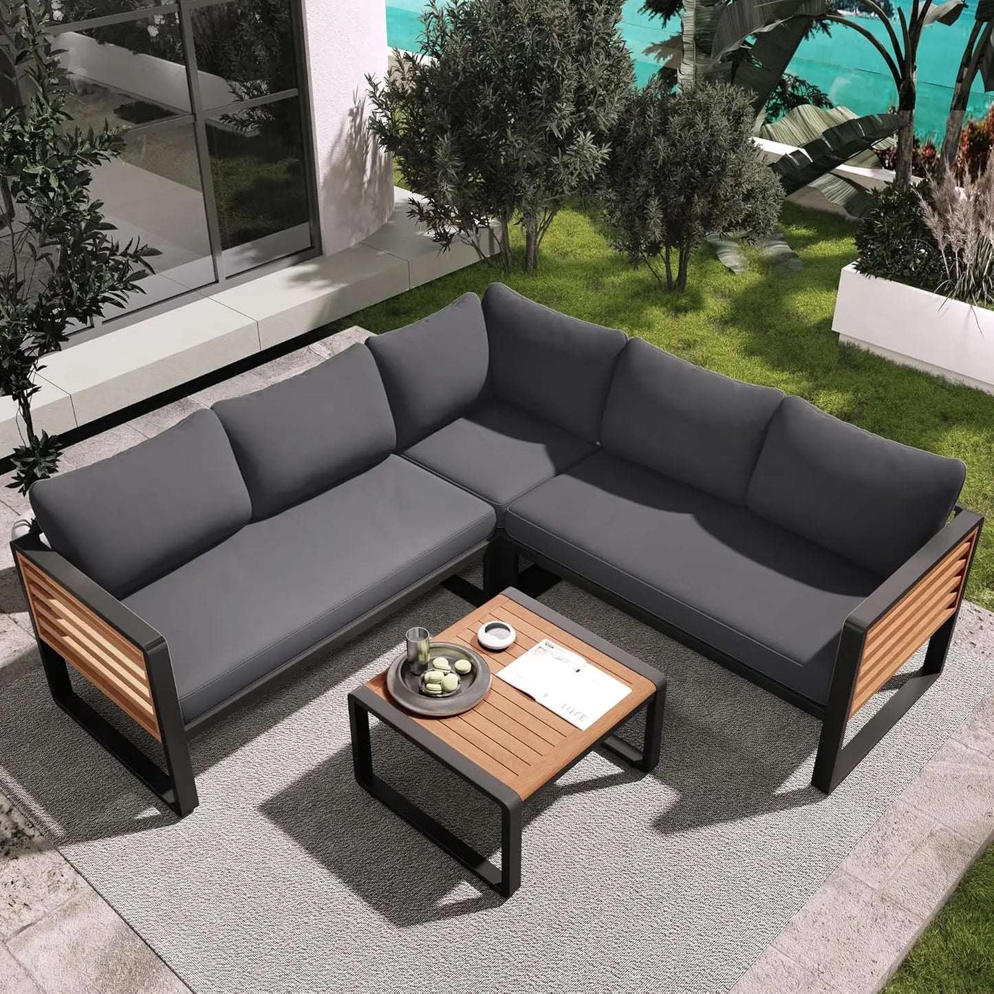 Acacia Wood Outdoor Slatted 4 Piece Sectional Sofa Set Cushions