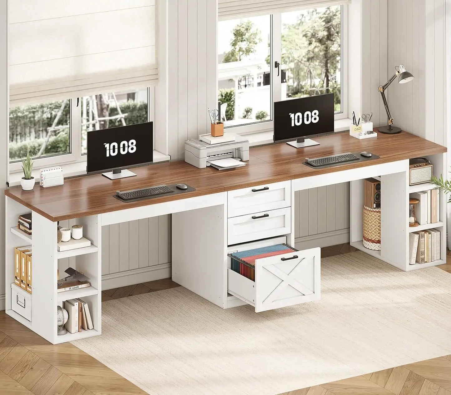 Farmhouse Computer Desk With Drawers And Storage Shelves For Home Office