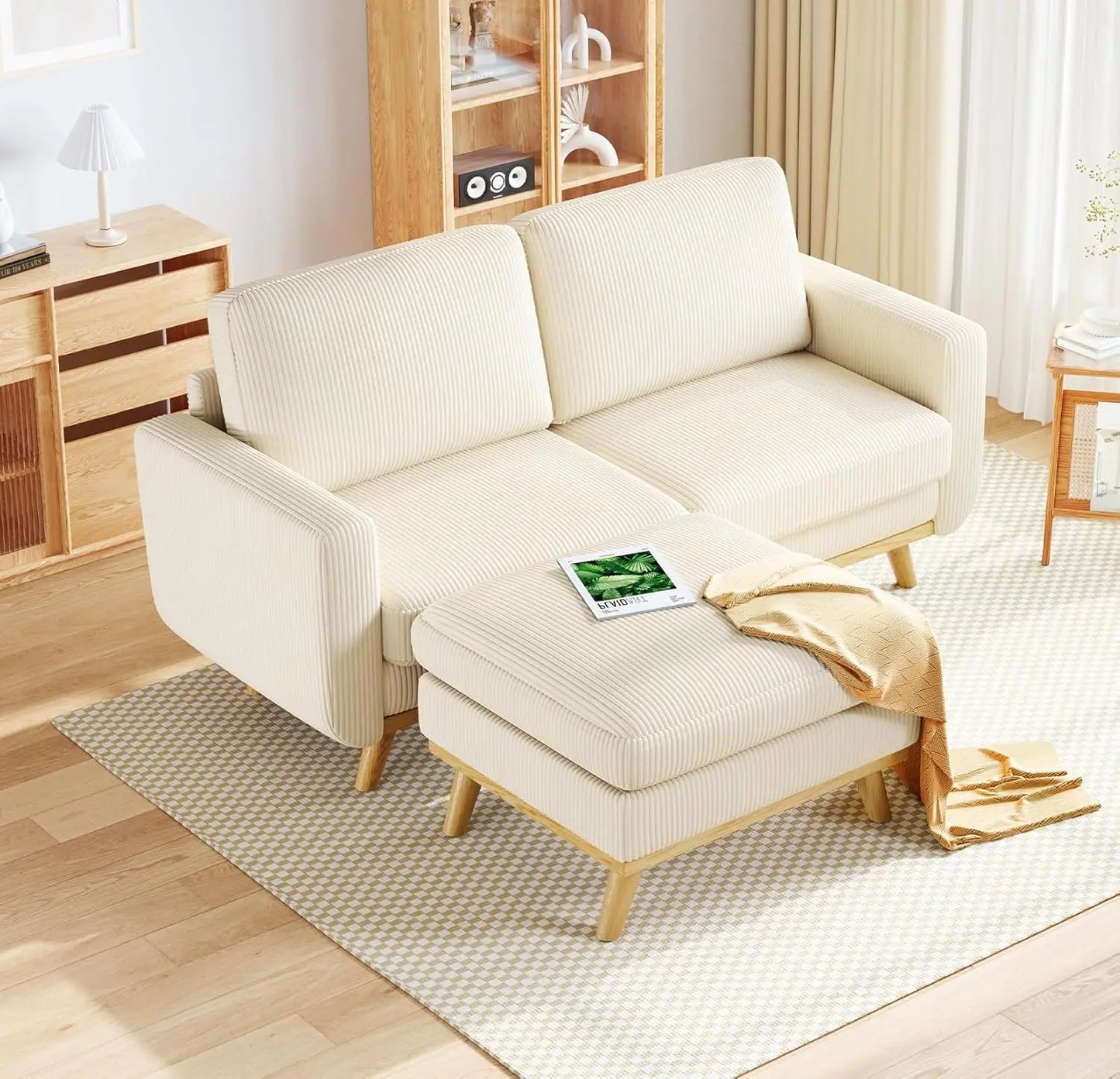 L Shape Modular Sectional Sofa 3 Seat Corduroy Movable Ottoman
