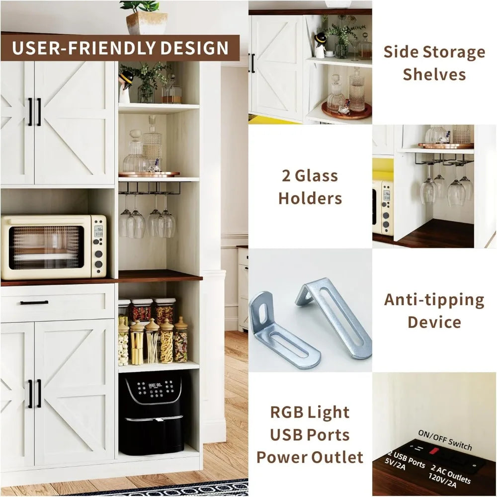 Farmhouse Kitchen Pantry Cabinet With Hutch And Charging Station