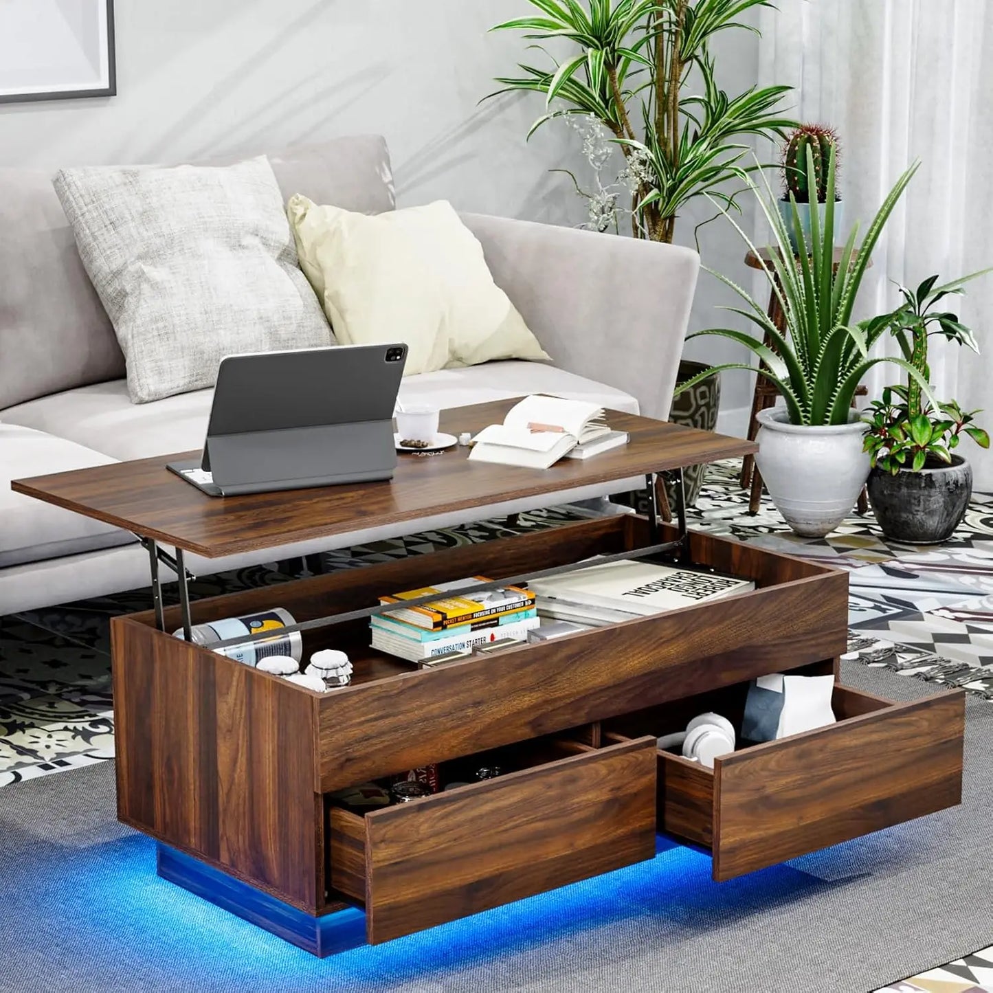 Lift Top Coffee Table With Storage And LED Modern Design