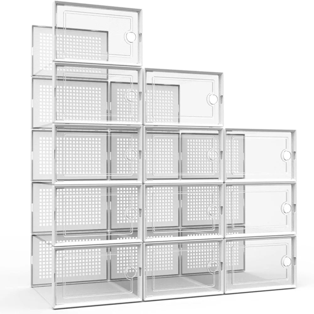 12 Pack Transparent Plastic Stackable Shoe Storage Boxes For Closet Organizer