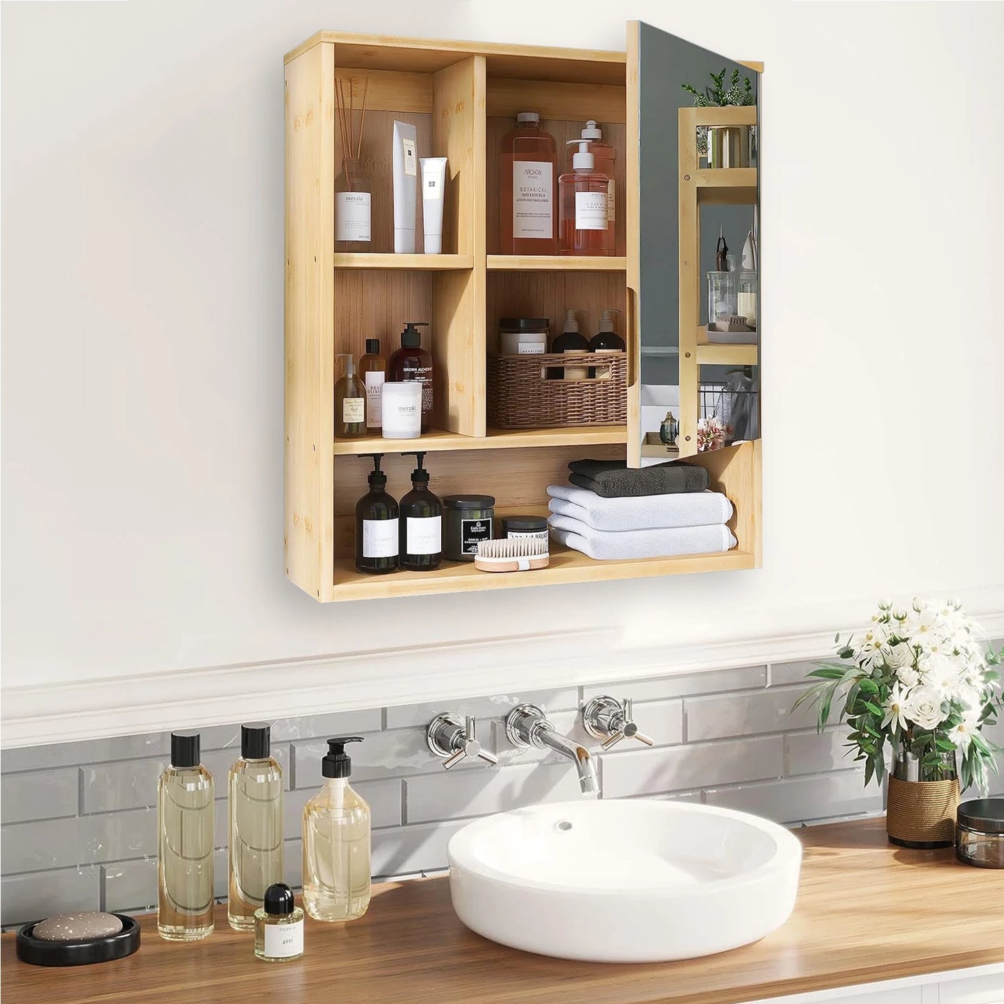 Wisfor Bamboo Bathroom Cabinet With Mirror Shelves