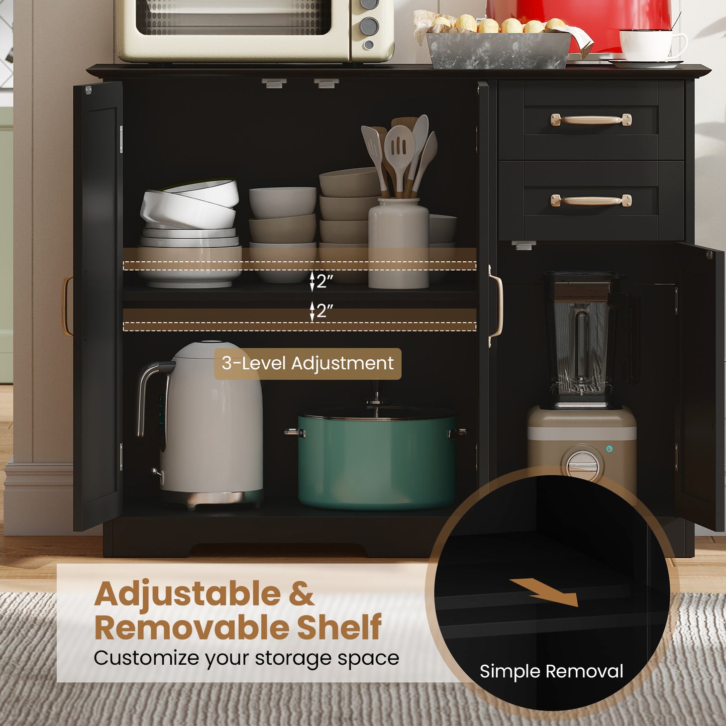 HOMASIS Sideboard Buffet Cabinet Modern Kitchen Storage Organizer With Drawers