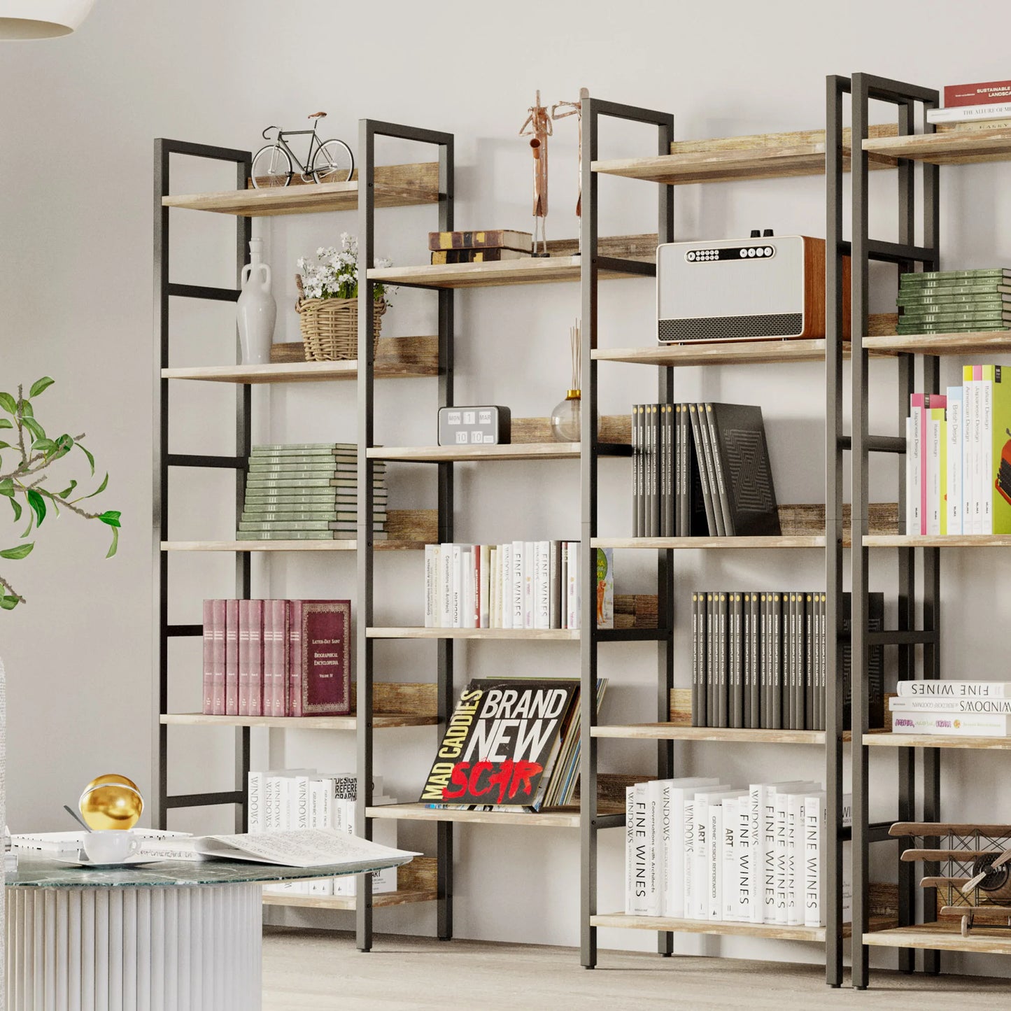 IRONCK Triple Wide 5-Tier Industrial Bookcase with Metal Frame