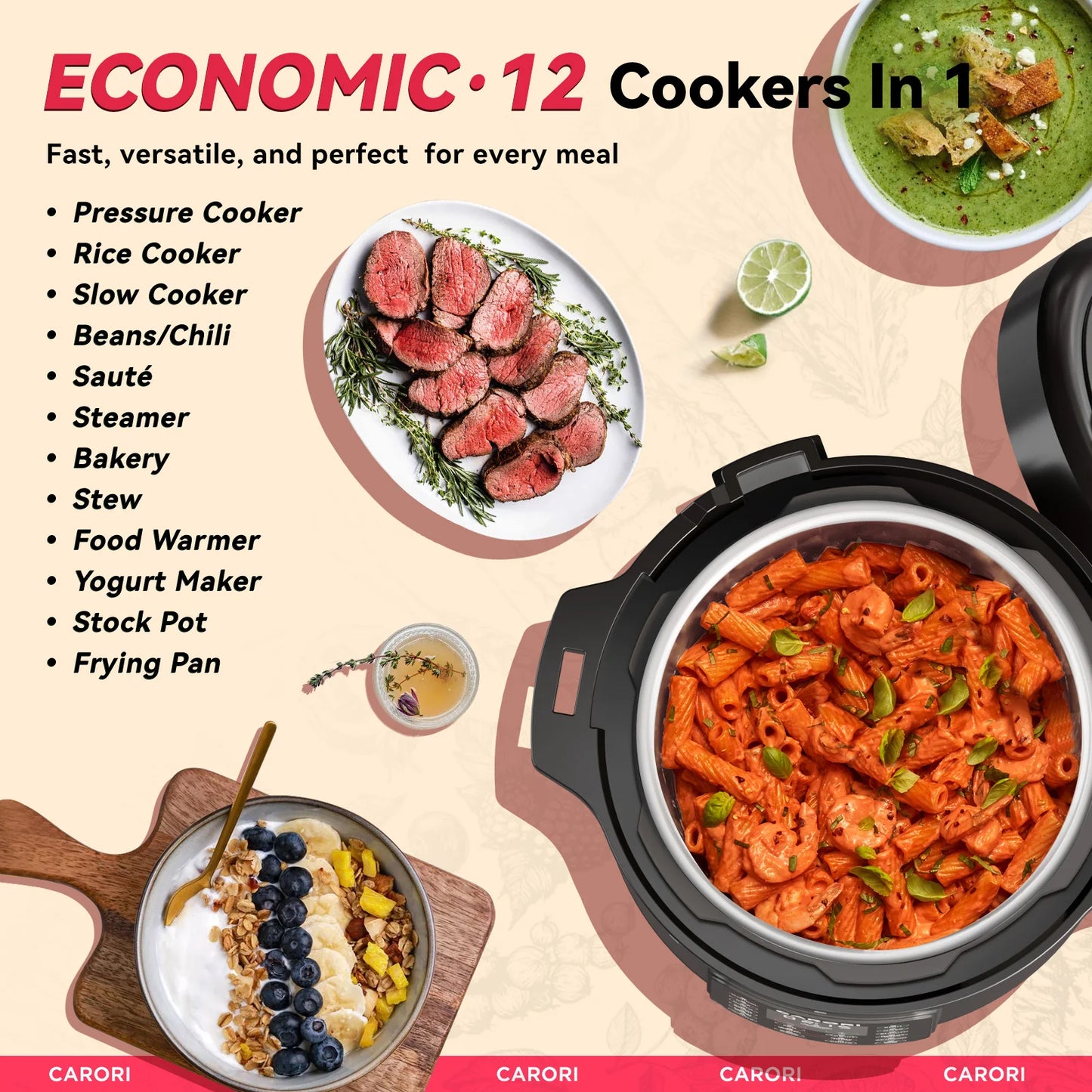 Carori 1200W 12-in-1 Electric Pressure Cooker Yogurt Rice Steamer