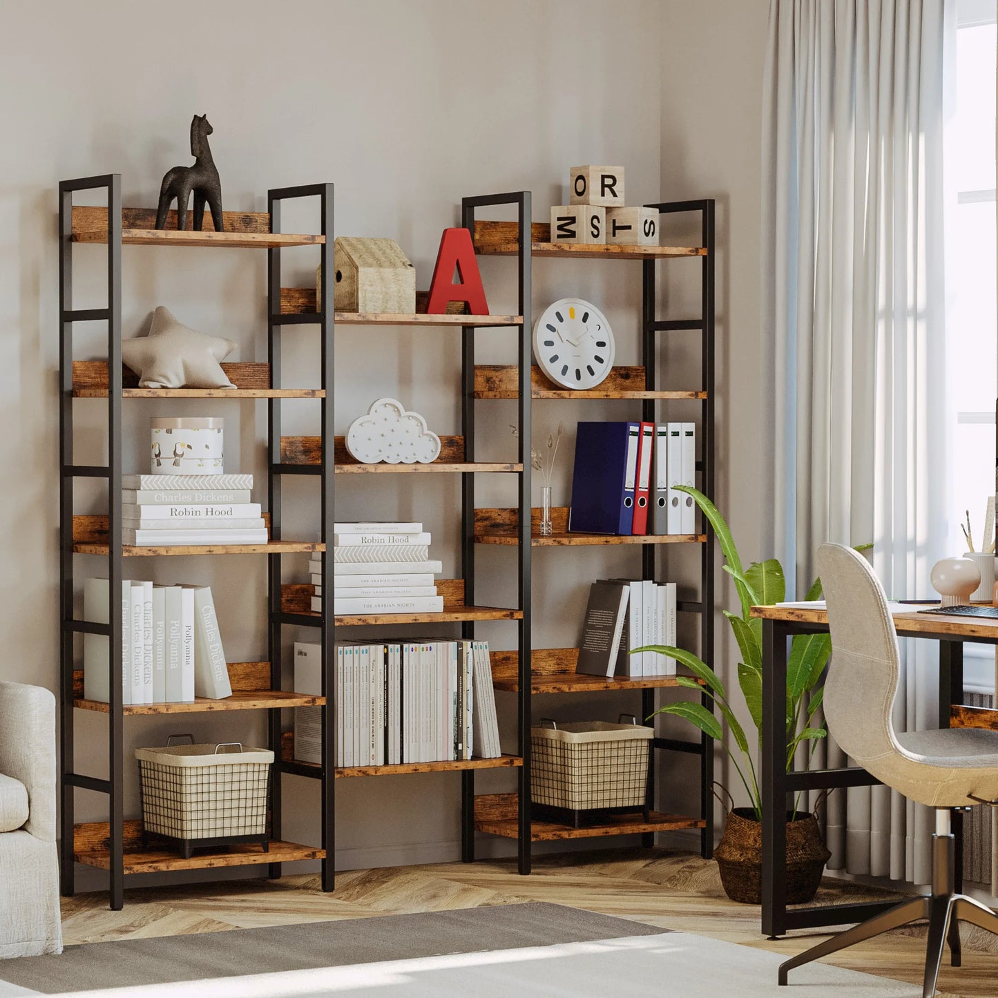IRONCK Triple Wide 5-Tier Industrial Bookcase with Metal Frame