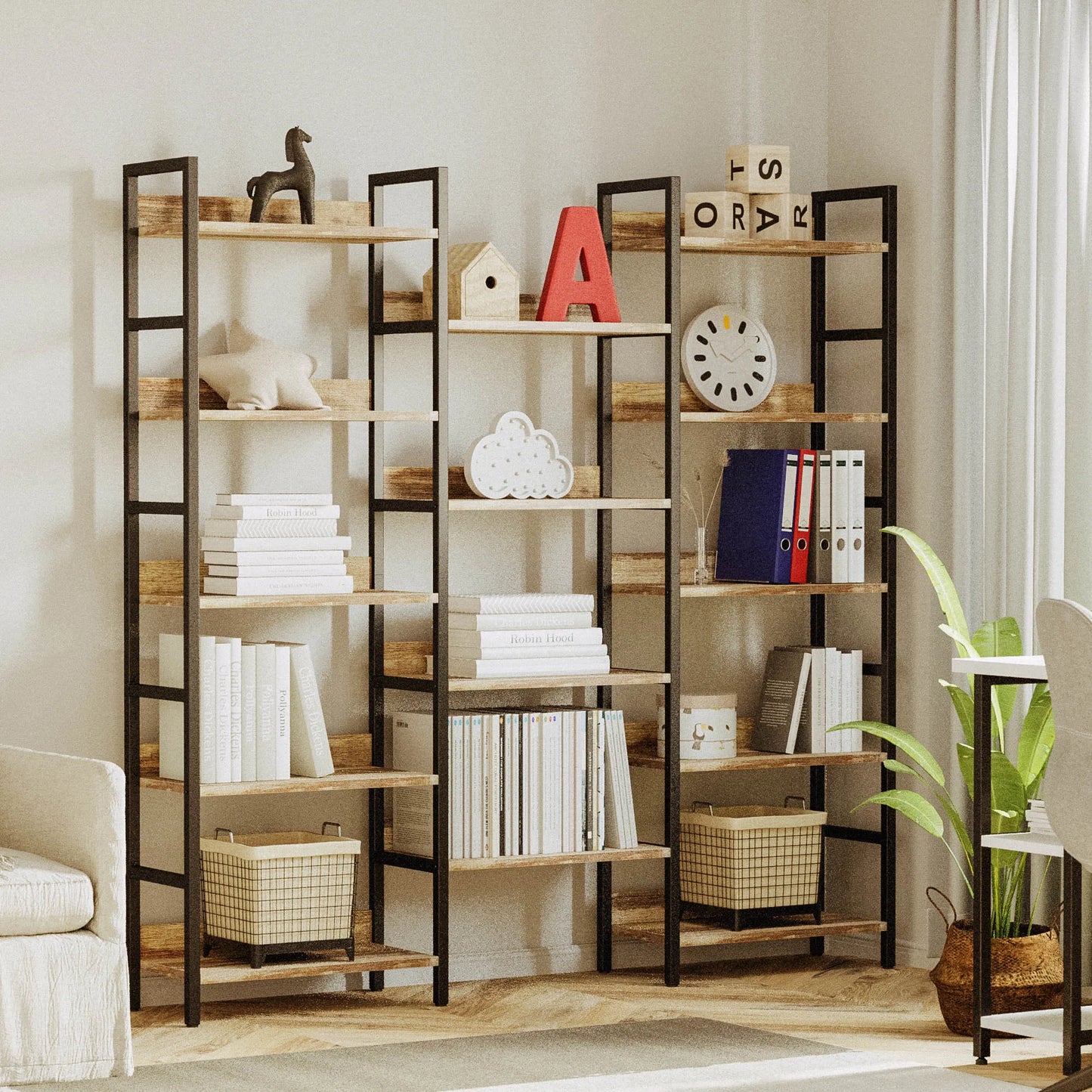 IRONCK Triple Wide 5-Tier Industrial Bookcase with Metal Frame