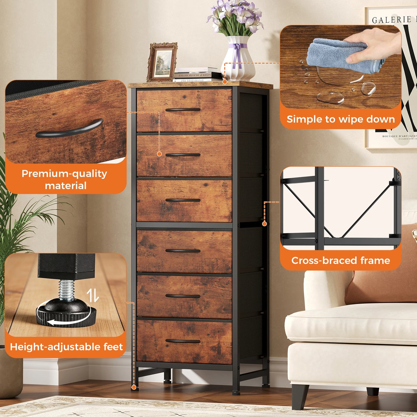 JHK Fabric Drawer Dresser With Metal Frame