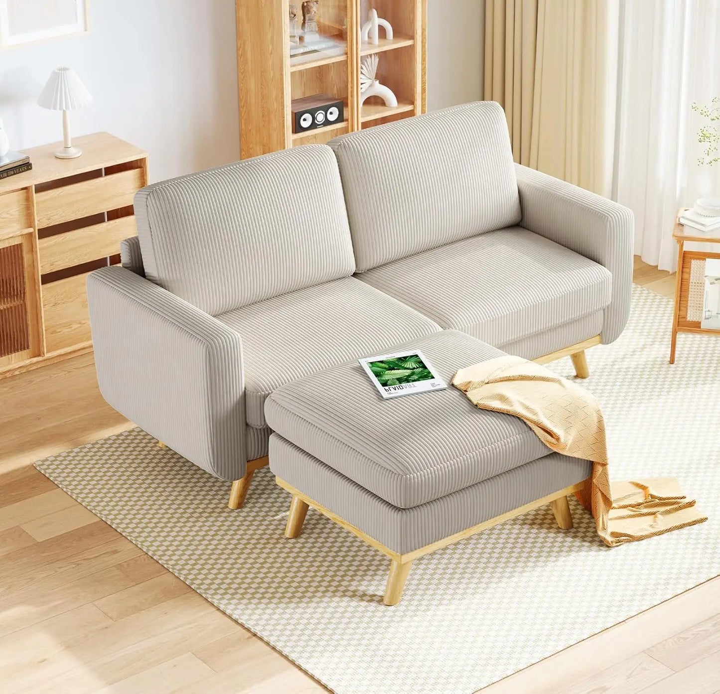 L Shape Modular Sectional Sofa 3 Seat Corduroy Movable Ottoman