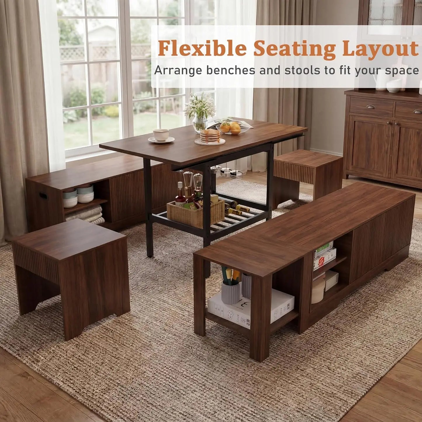 GUOHE Extendable Breakfast Nook Set With Storage Benches And Stools