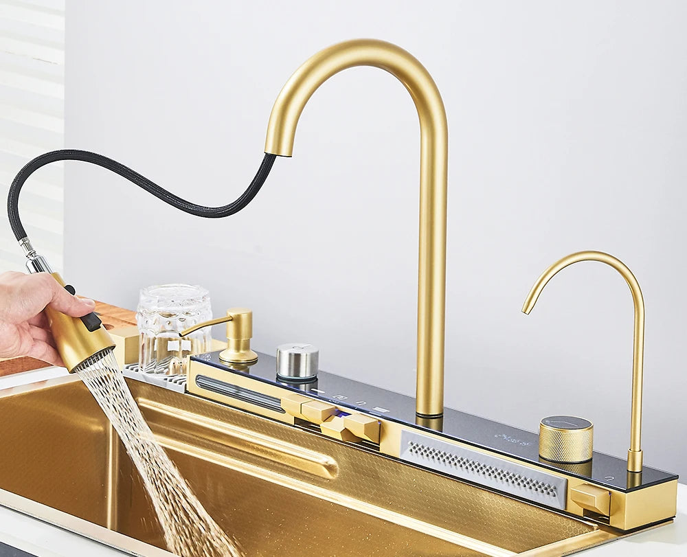 Multifunctional Kitchen Waterfall Sink With Digital Display, 304 Stainless Steel