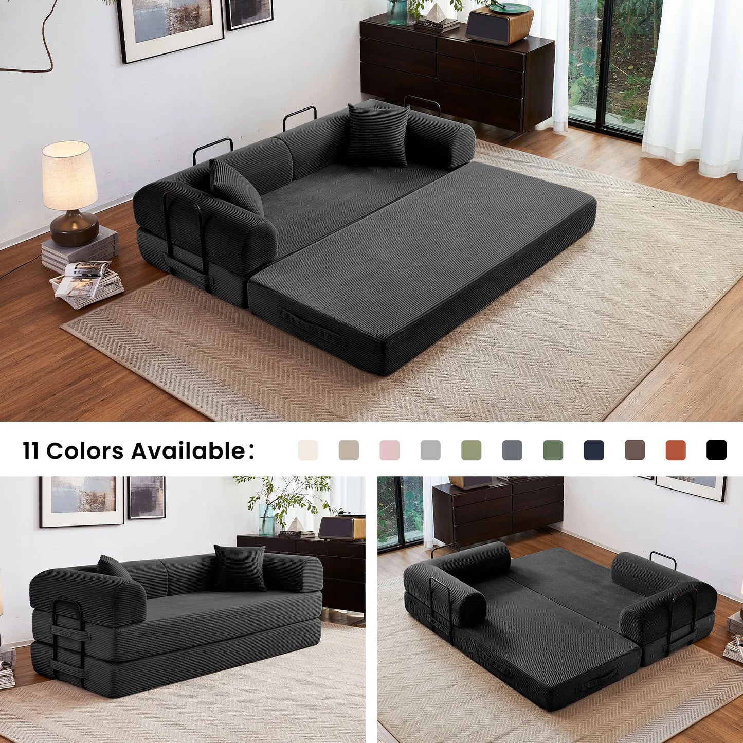 Foldable Convertible Futon Sofa Bed With L Shaped Arms