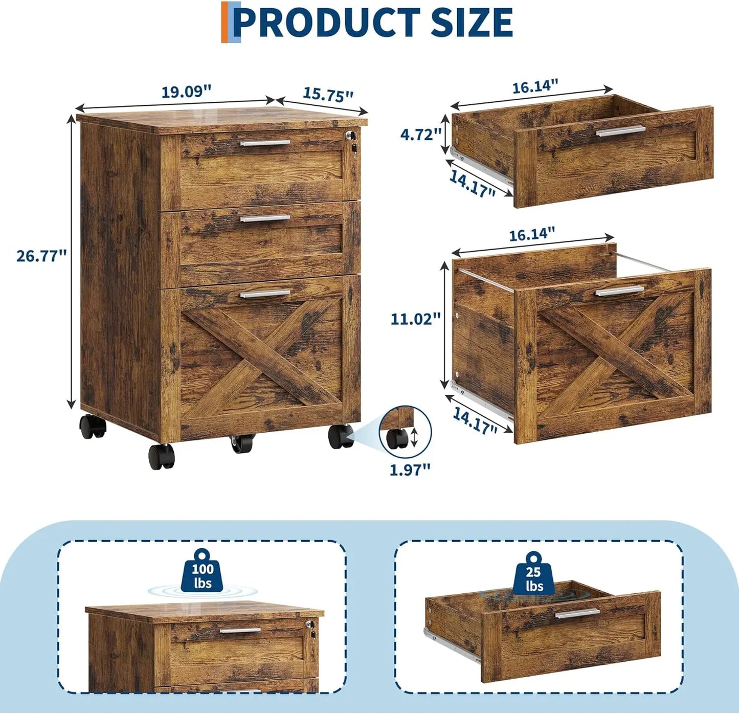 HiMISS 3-Drawer Rolling File Cabinet With Lock For Home Office