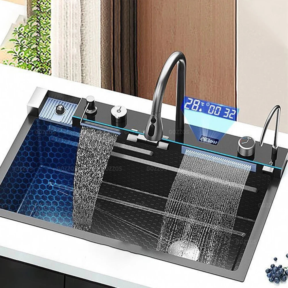 Multifunctional Kitchen Waterfall Sink With Digital Display, 304 Stainless Steel