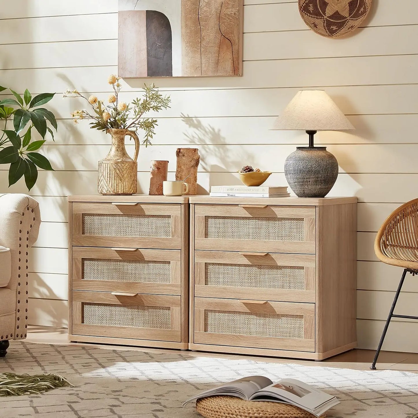 Rattan Nightstand Set Of 2 Boho Natural Wood Bedside Tables With Drawers