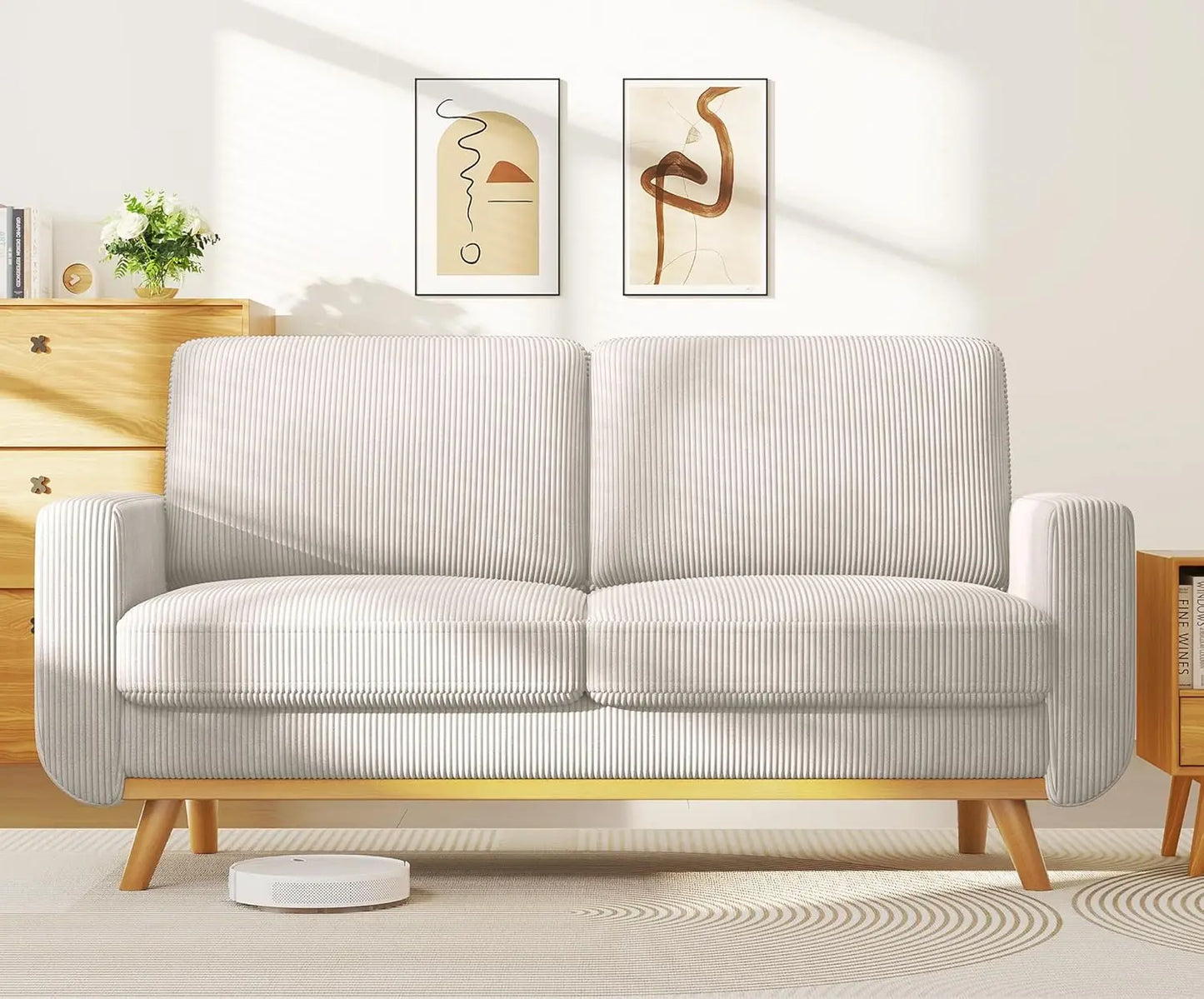 L Shape Modular Sectional Sofa 3 Seat Corduroy Movable Ottoman