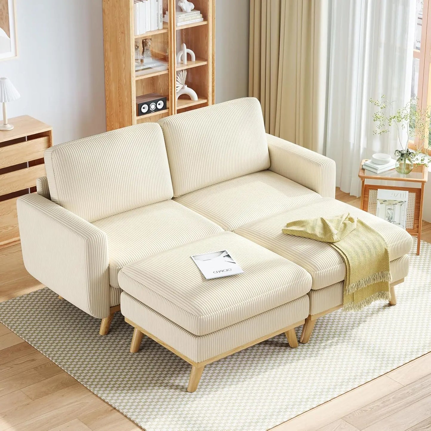 L Shape Modular Sectional Sofa 3 Seat Corduroy Movable Ottoman