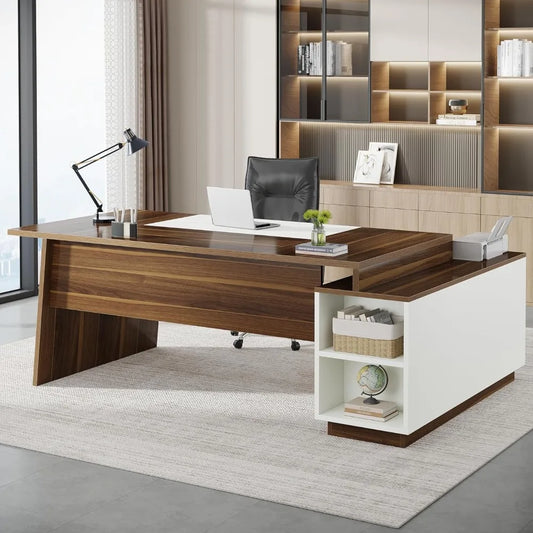 L-Shaped Executive Desk With Storage And Shelves Mid-Century Modern