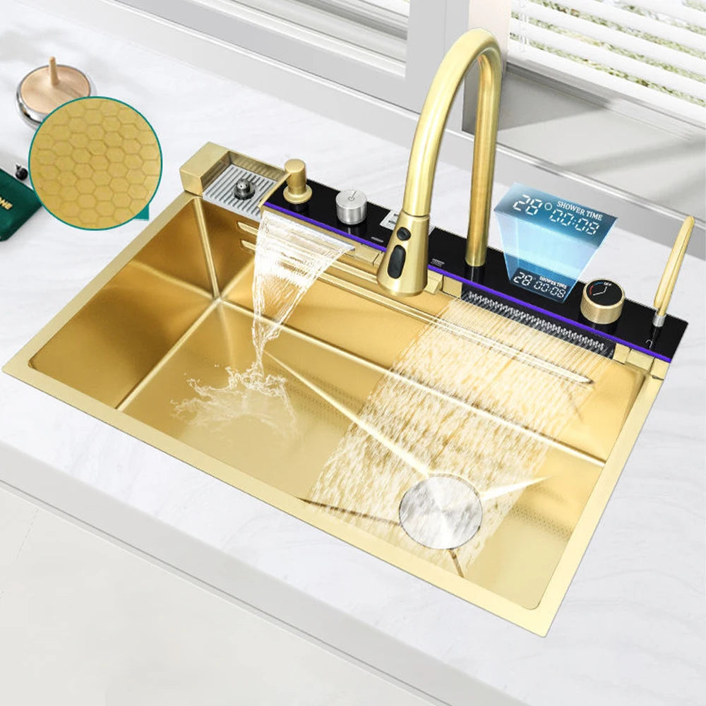 Multifunctional Kitchen Waterfall Sink With Digital Display, 304 Stainless Steel