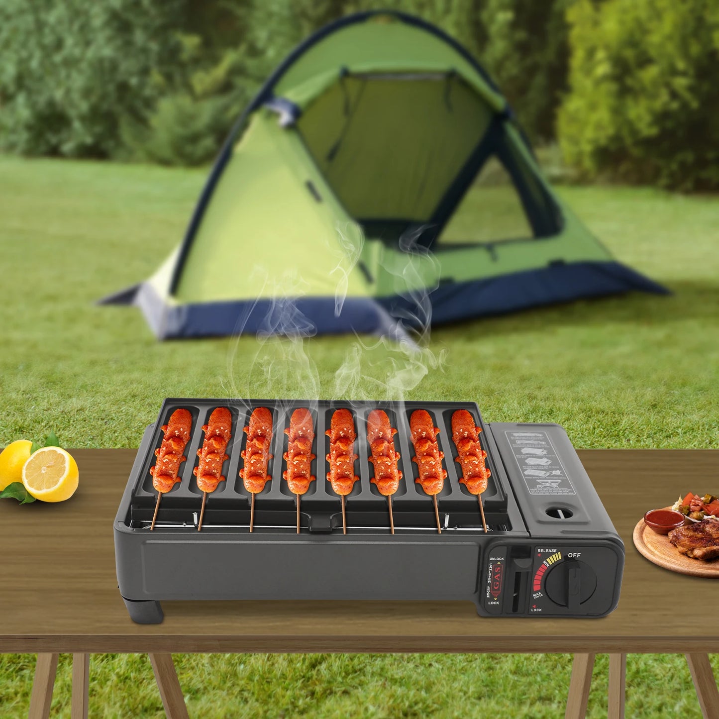 Bymaocar Portable Gas Grill Stove 2.2KW Butane With Sausage Plate