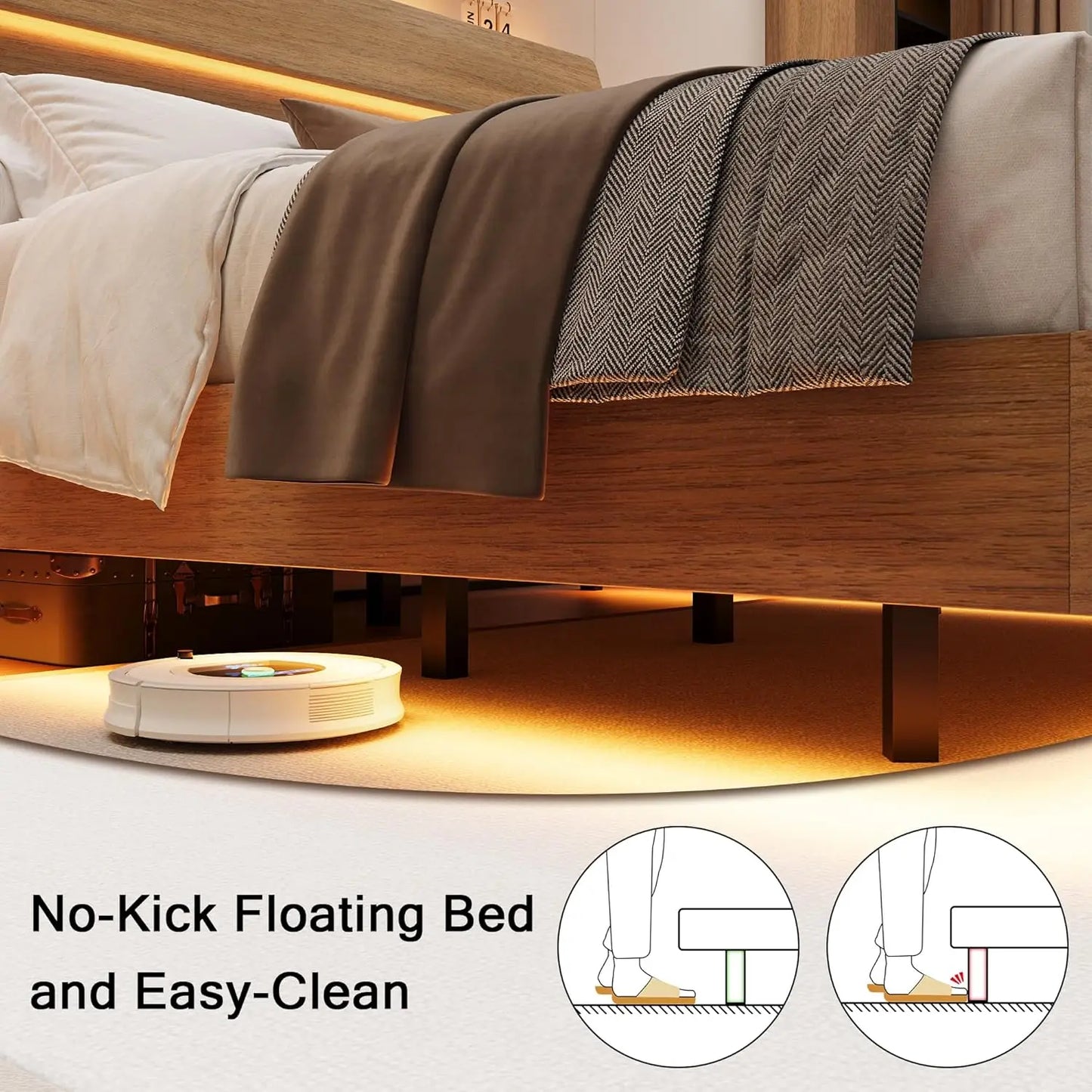 LED Headboard Floating Bed Frame With USB Charging Station Integrated