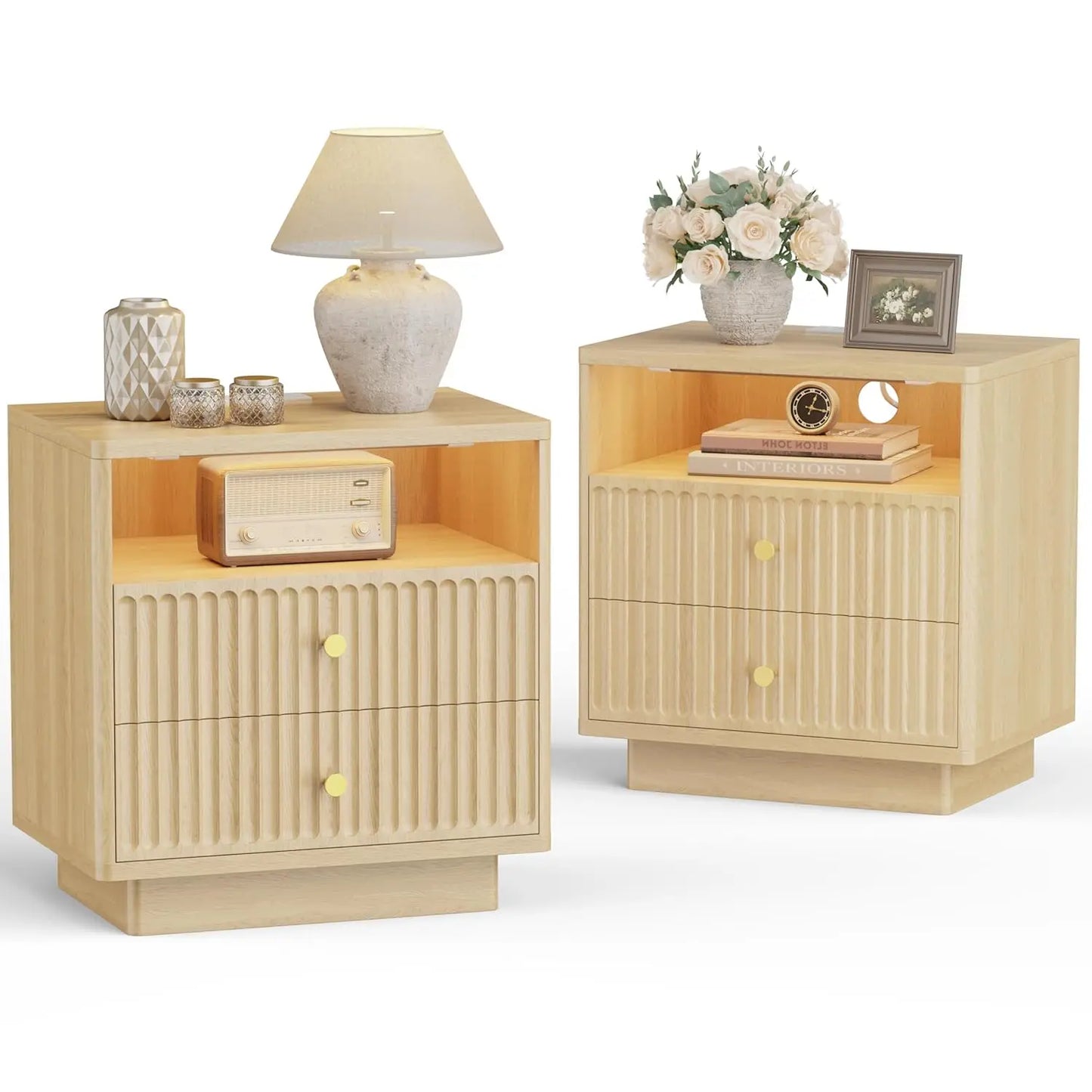 Two-Drawer Nightstand Set With Charging Station And LED Motion Sensor