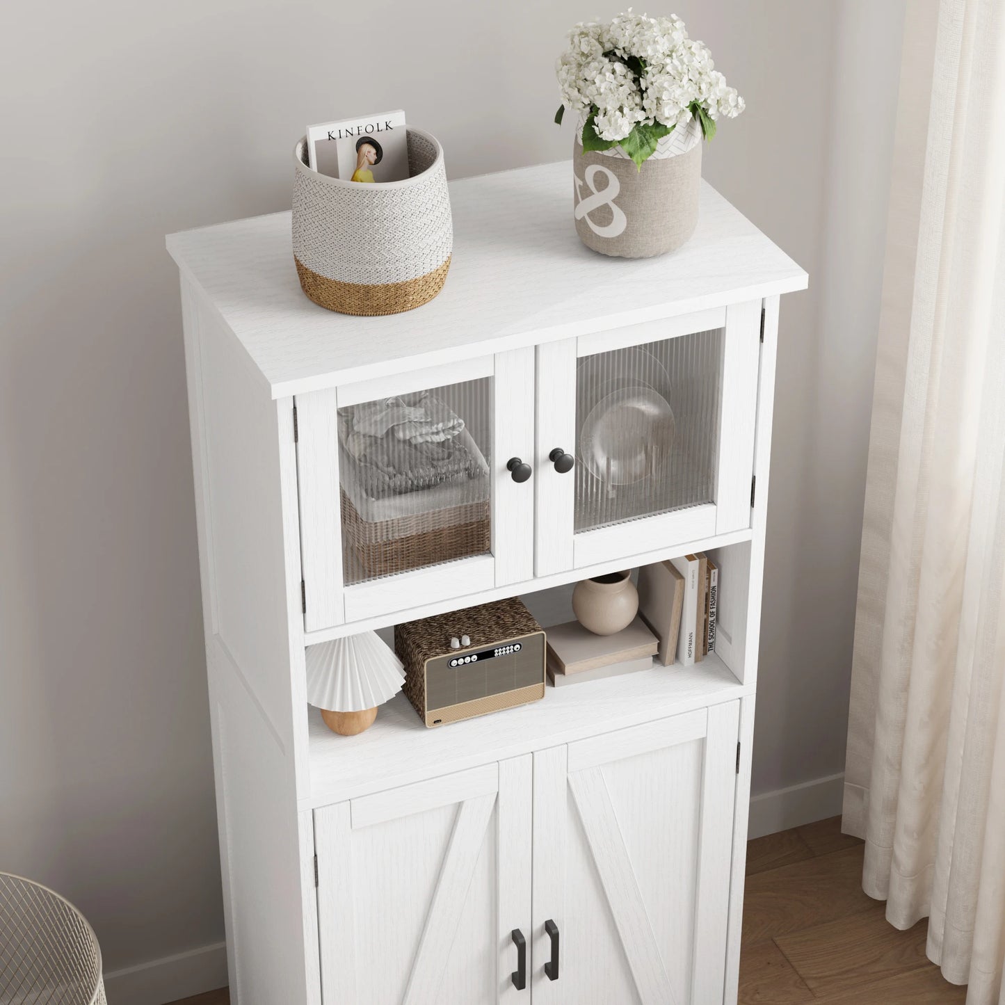 HobbyLane Free Standing Kitchen Pantry Cabinet Tempered Glass Doors
