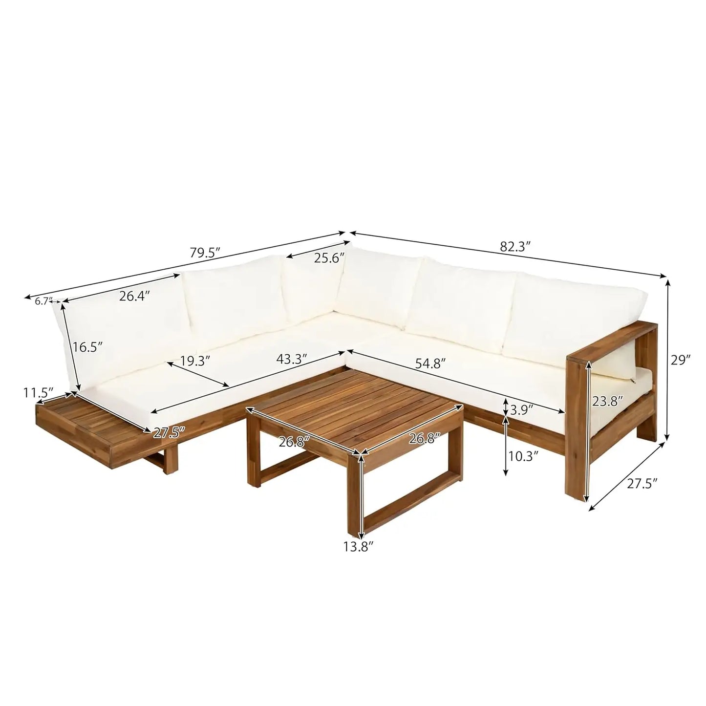 Acacia Wood Outdoor Slatted 4 Piece Sectional Sofa Set Cushions