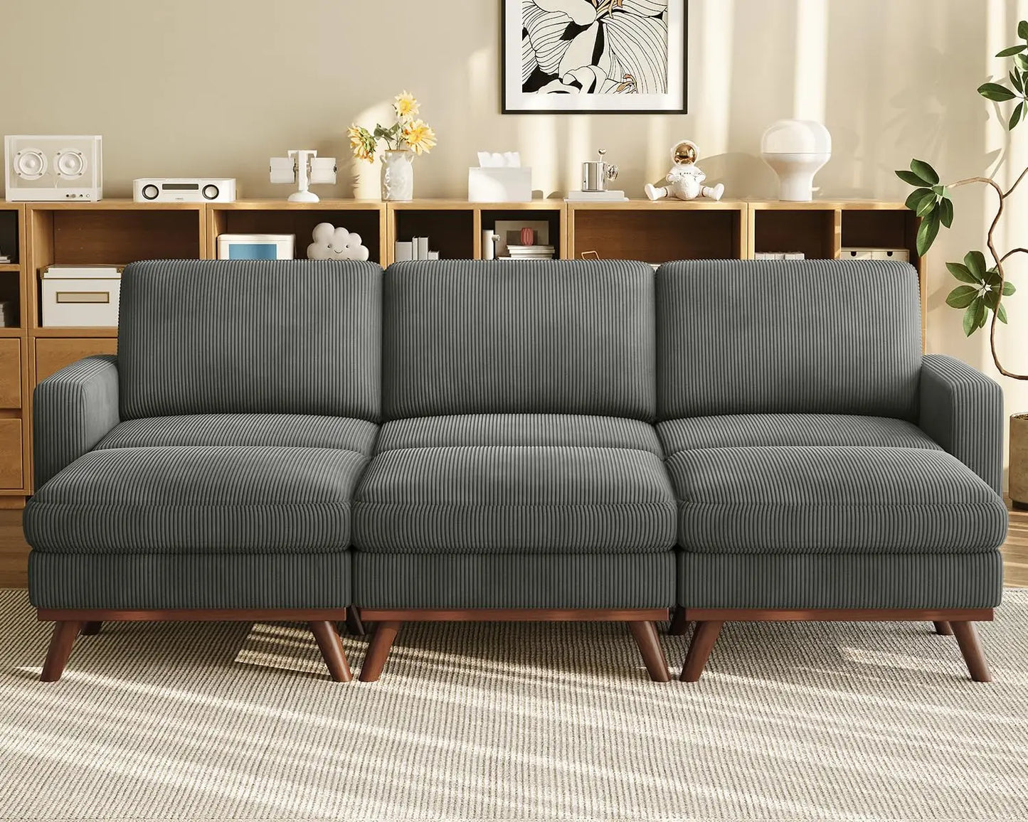 L Shape Modular Sectional Sofa 3 Seat Corduroy Movable Ottoman