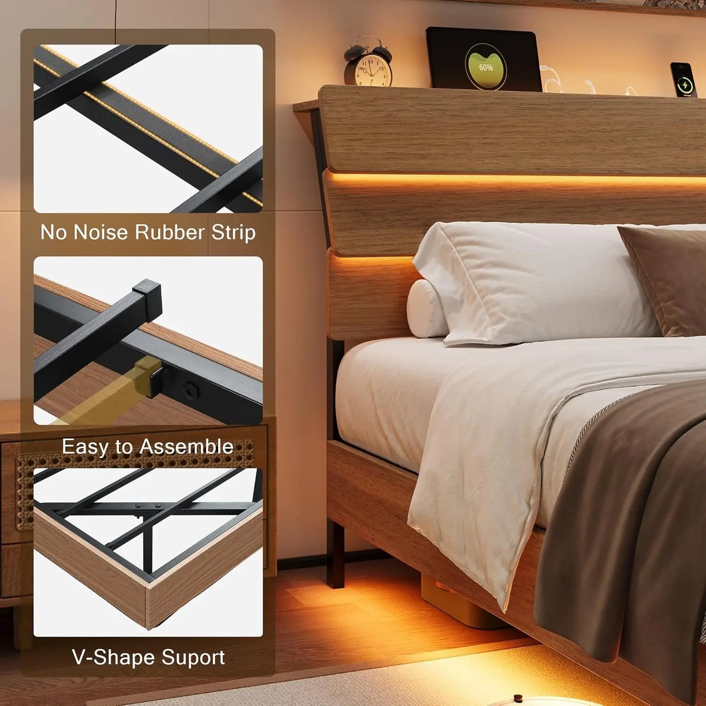 LED Headboard Floating Bed Frame With USB Charging Station Integrated