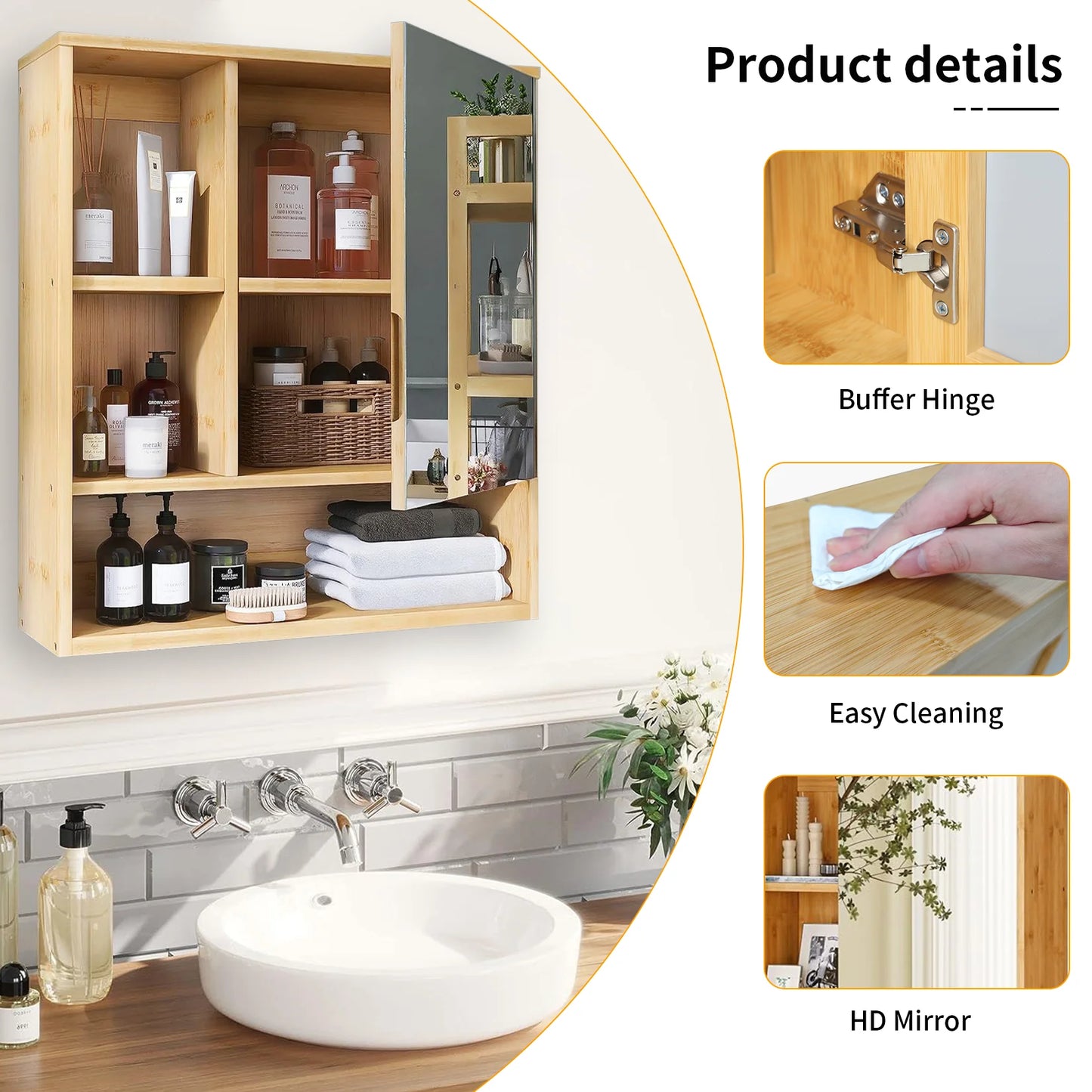 Wisfor Bamboo Bathroom Cabinet With Mirror Shelves
