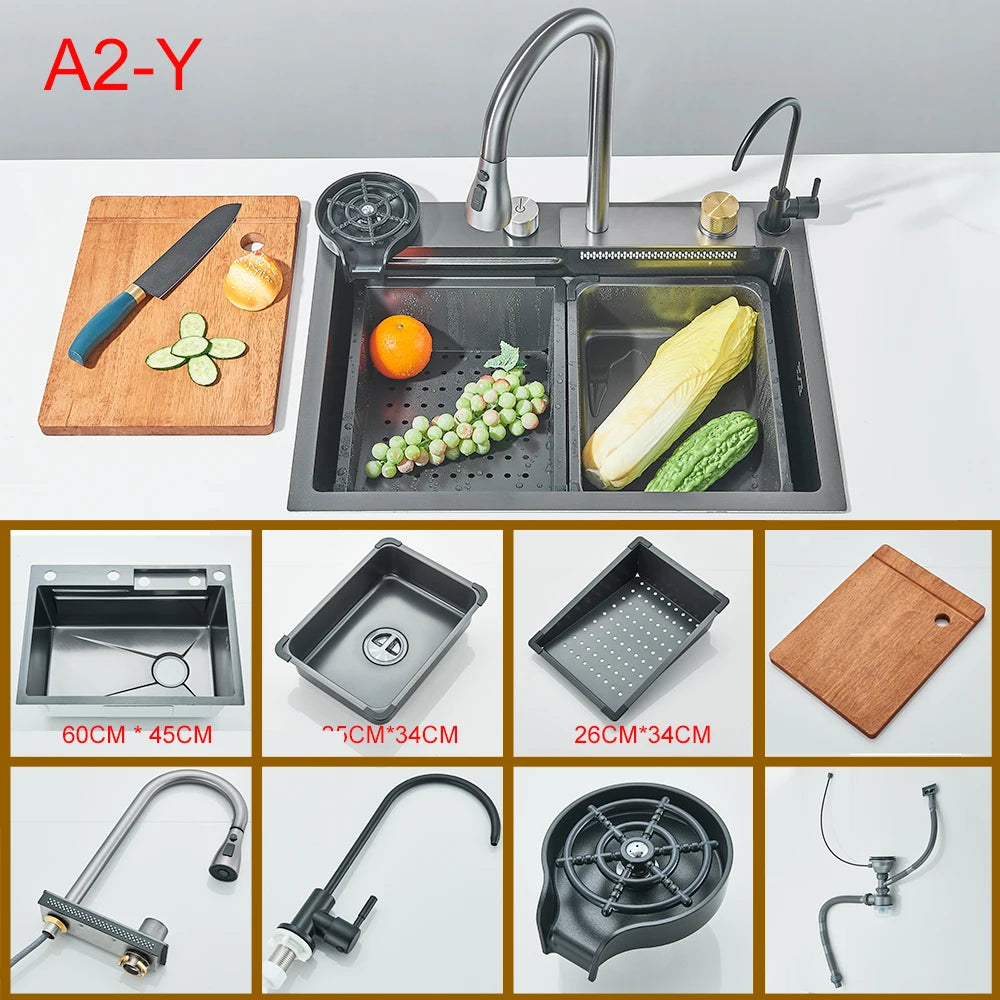 Multifunctional Kitchen Waterfall Sink With Digital Display, 304 Stainless Steel
