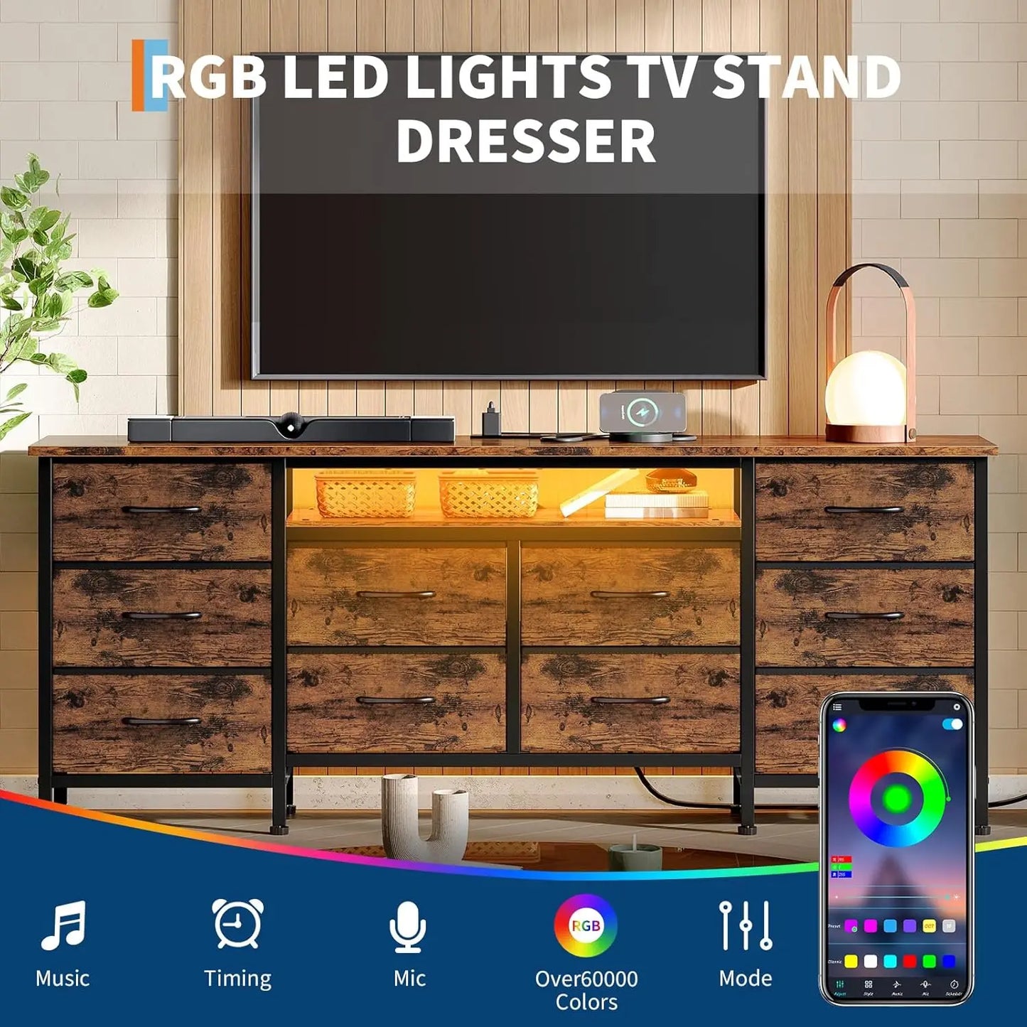 TWISTER.CK TV Stand With LED Lights And Power Outlets
