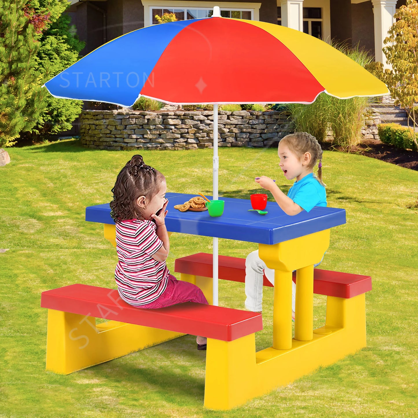 Kids Picnic Table Set With Removable Umbrella For Indoor Outdoor
