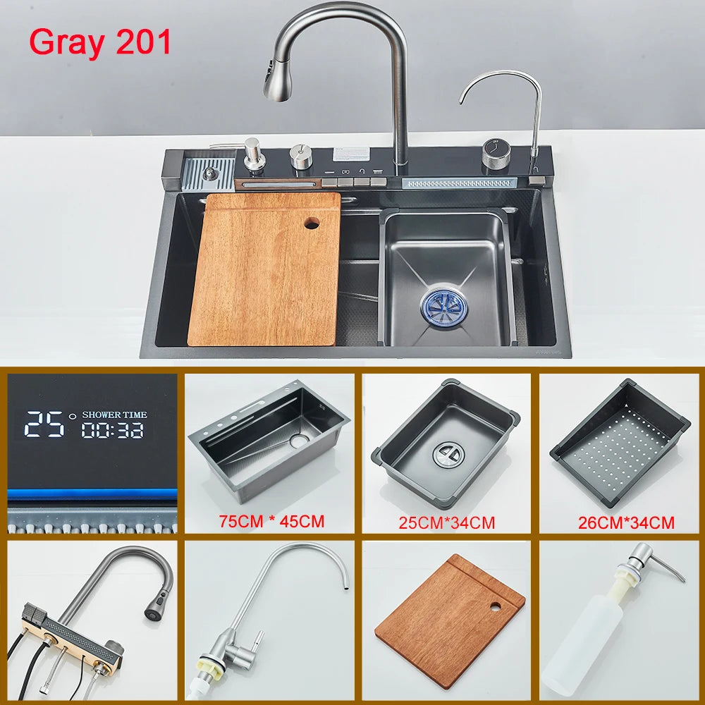 Multifunctional Kitchen Waterfall Sink With Digital Display, 304 Stainless Steel