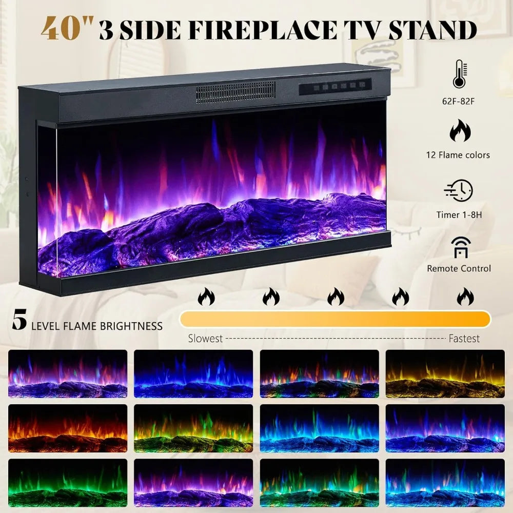 Dafify Modern Glass Fireplace TV Stand With LED Lights