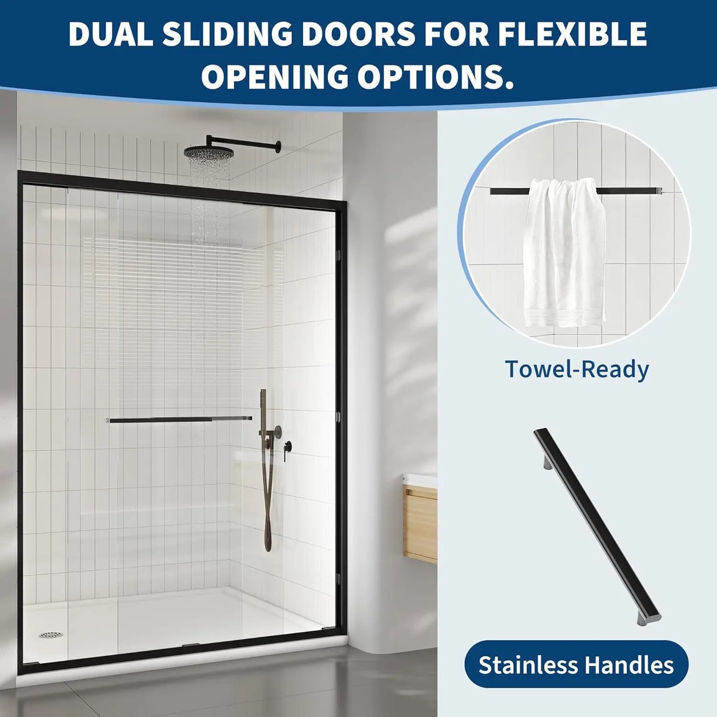Semi-Frameless Double Sliding Shower Door With Matte Black Frame