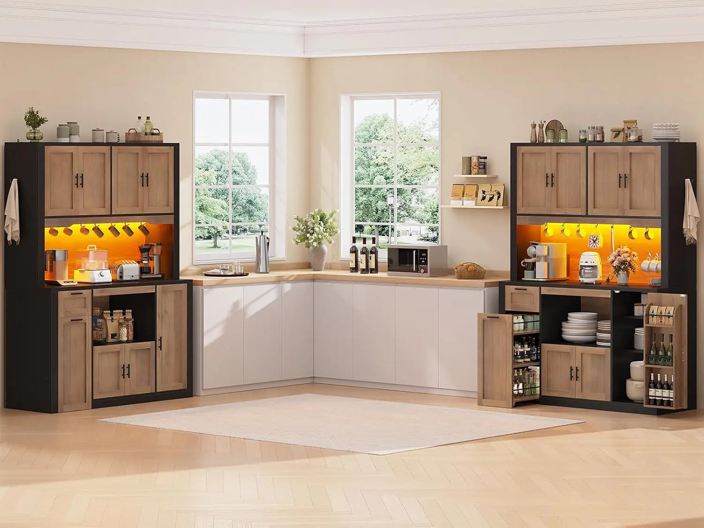 Pantry Cabinet With Charging Station And Lighting Microwave Stand