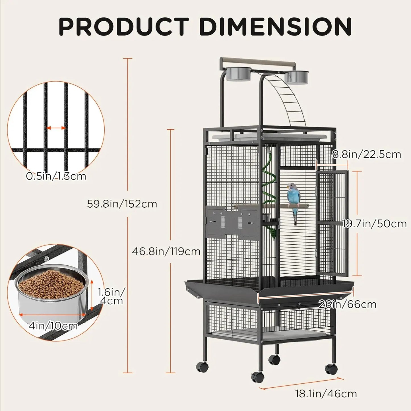 HiMISS Rolling Parrot Cage With Play Top Stainless Steel Bowls