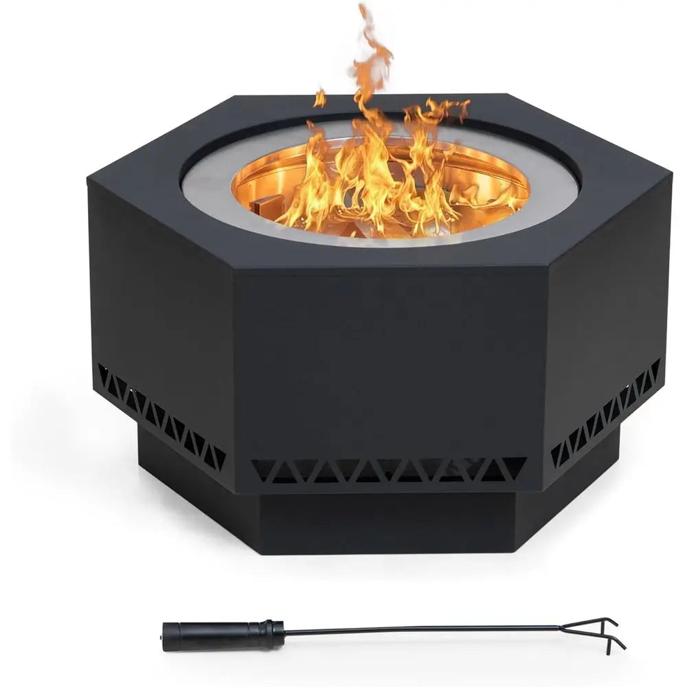 Hexagonal Outdoor Wood Burning Fire Pit With Cover And Poker