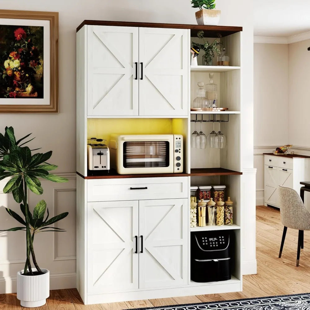 Farmhouse Kitchen Pantry Cabinet With Hutch And Charging Station