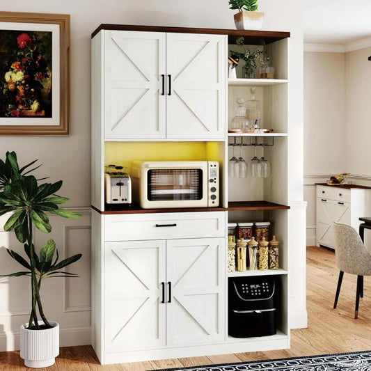 Farmhouse Kitchen Pantry Cabinet With Hutch And Charging Station