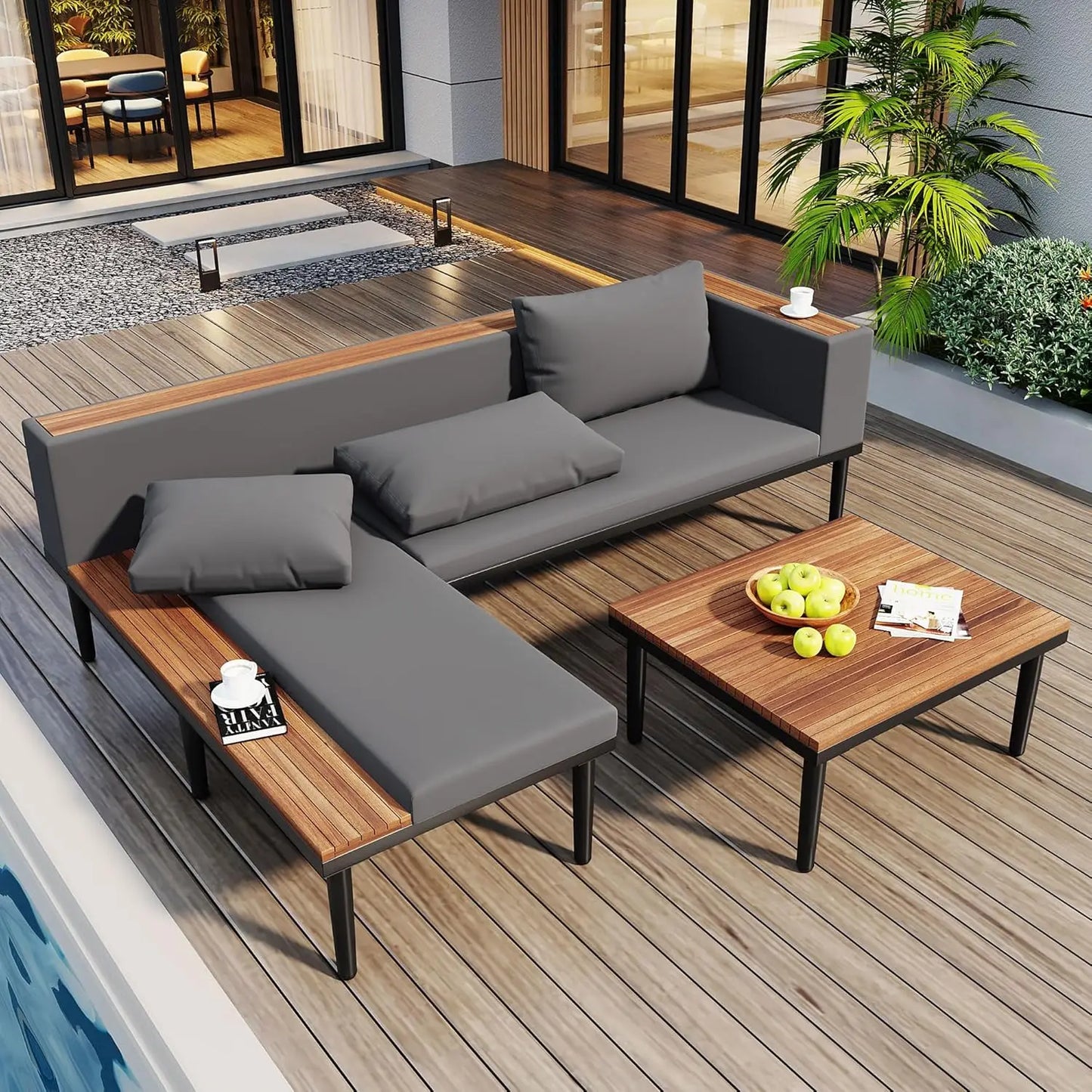 Acacia Wood Outdoor Slatted 4 Piece Sectional Sofa Set Cushions