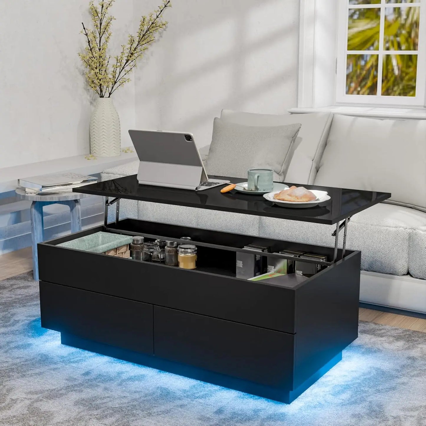 Lift Top Coffee Table With Storage And LED Modern Design