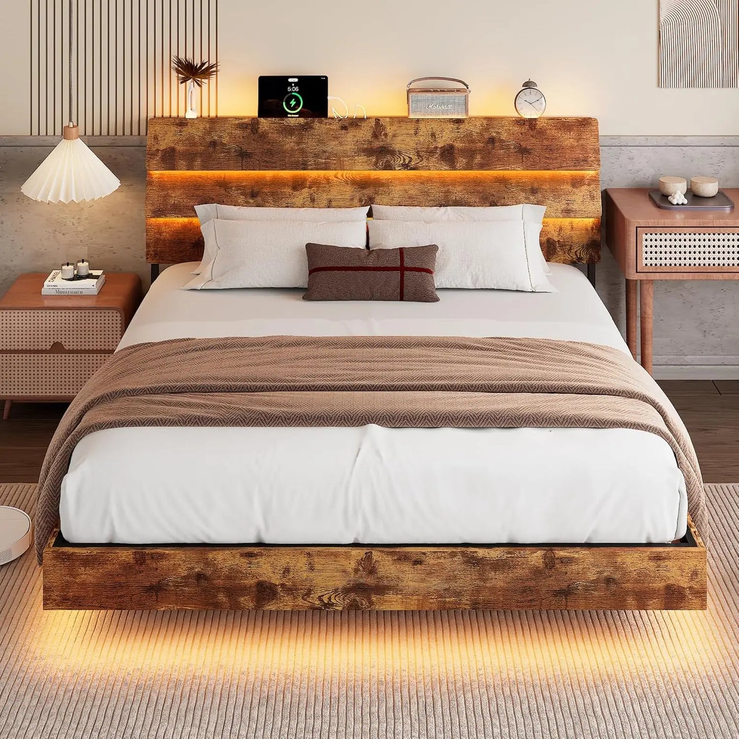 LED Headboard Floating Bed Frame With USB Charging Station Integrated