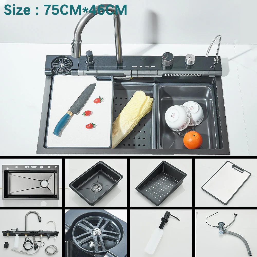 Multifunctional Kitchen Waterfall Sink With Digital Display, 304 Stainless Steel