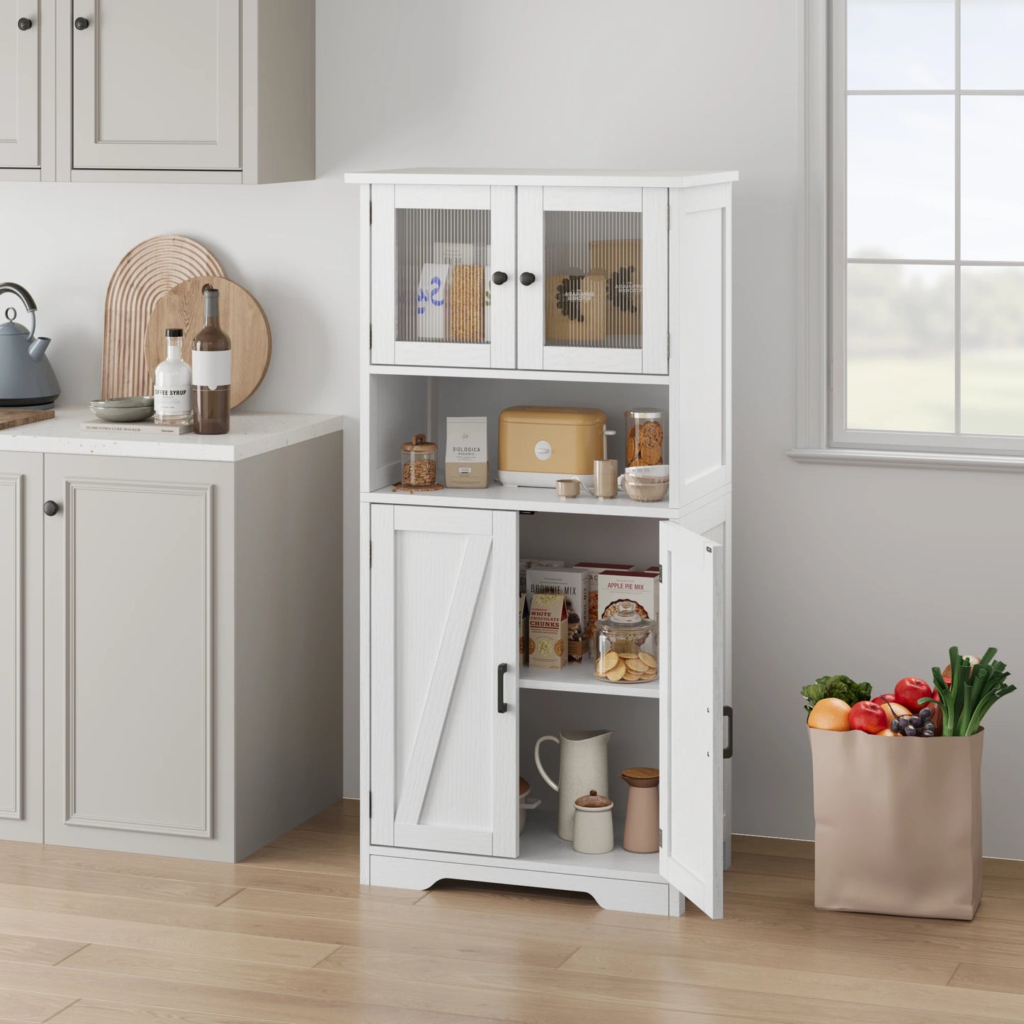 HobbyLane Free Standing Kitchen Pantry Cabinet Tempered Glass Doors