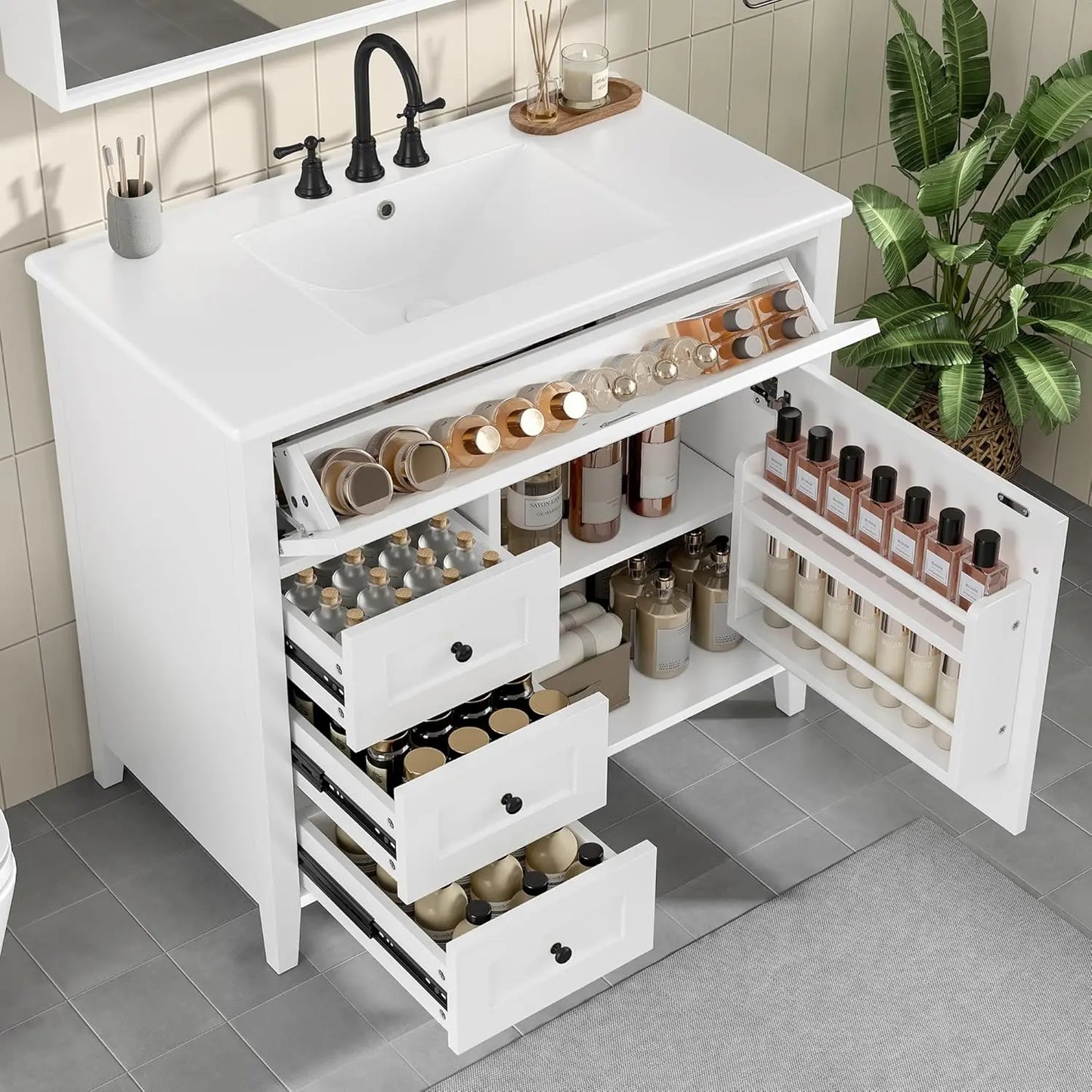 Free Standing Bathroom Vanity With Ceramic Basin And Sink
